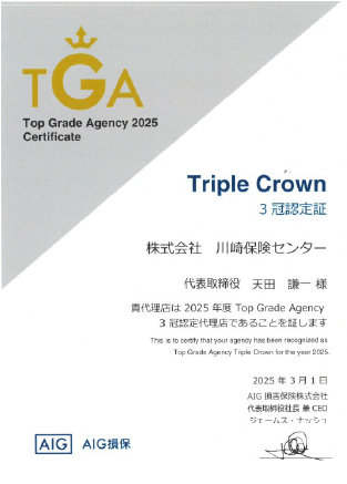 AIG損保2025年度TGA(Top Grade Agency)3冠認定証